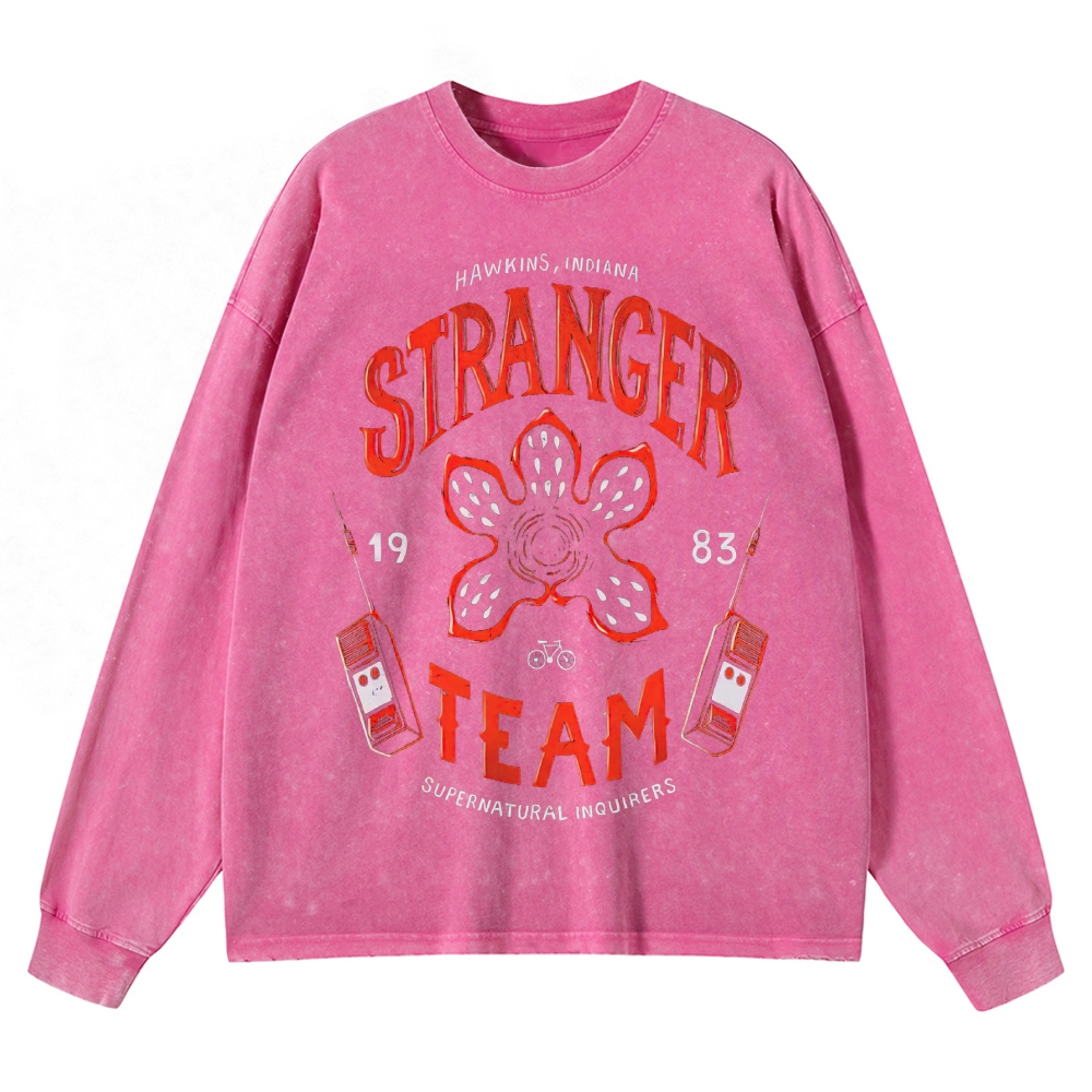 "Hawkins Stranger Team" Supernatural Retro Graphic Washed Long-Sleeved T-Shirt