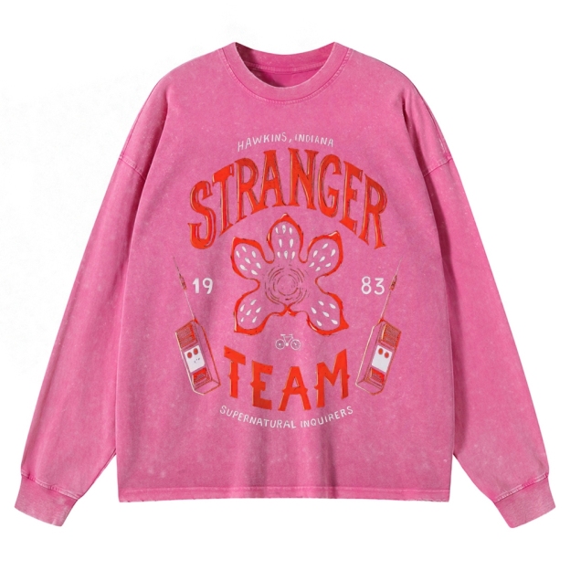 "Hawkins Stranger Team" Supernatural Retro Graphic Washed Long-Sleeved T-Shirt