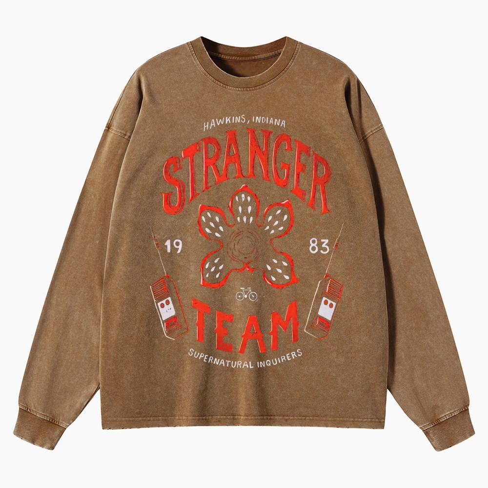 "Hawkins Stranger Team" Supernatural Retro Graphic Washed Long-Sleeved T-Shirt