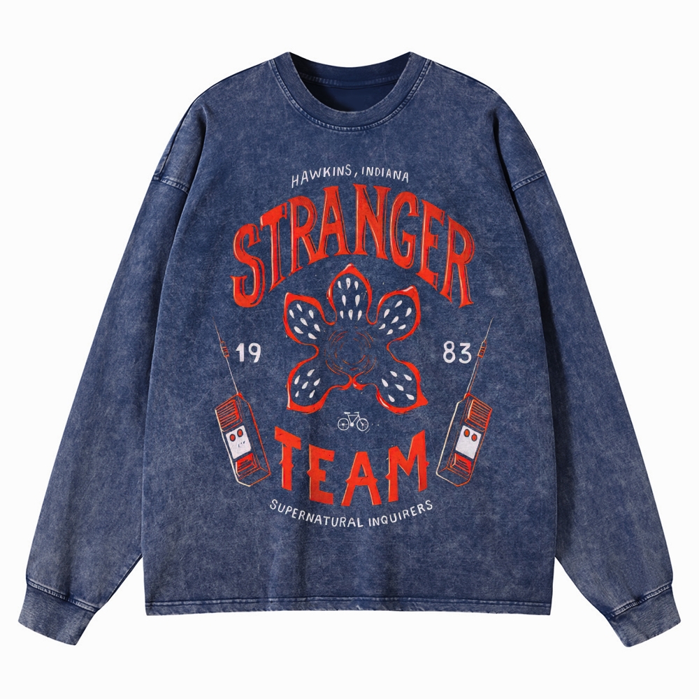 "Hawkins Stranger Team" Supernatural Retro Graphic Washed Long-Sleeved T-Shirt