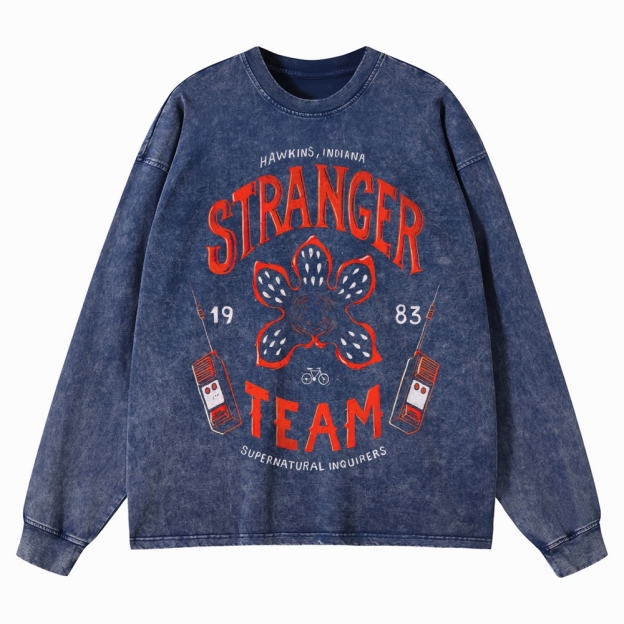 "Hawkins Stranger Team" Supernatural Retro Graphic Washed Long-Sleeved T-Shirt
