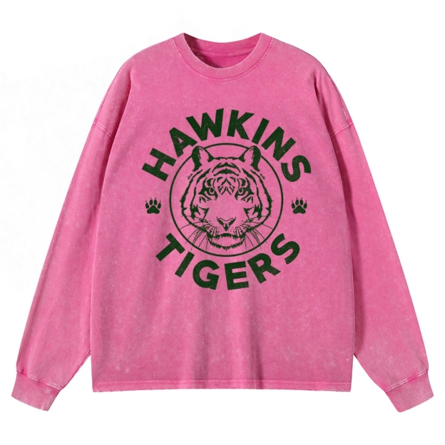 Hawkins Tigers Mascot Graphic Washed Long-Sleeved T-Shirt