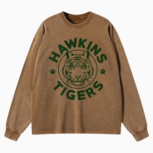 Hawkins Tigers Mascot Graphic Washed Long-Sleeved T-Shirt