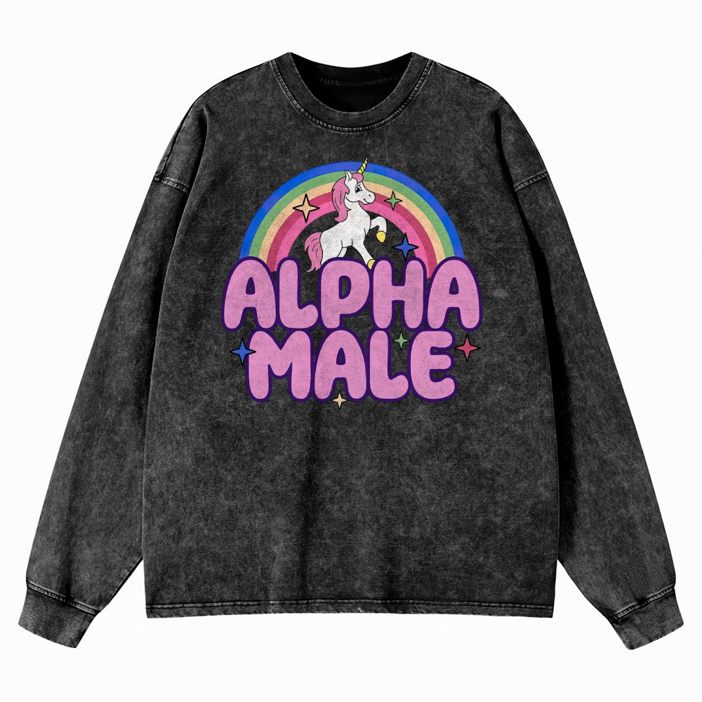 Alpha Male Unicorn & Rainbow Graphic Washed Long-Sleeved T-Shirt