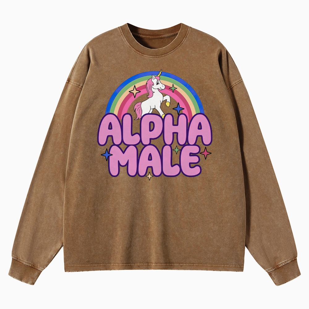 Alpha Male Unicorn & Rainbow Graphic Washed Long-Sleeved T-Shirt
