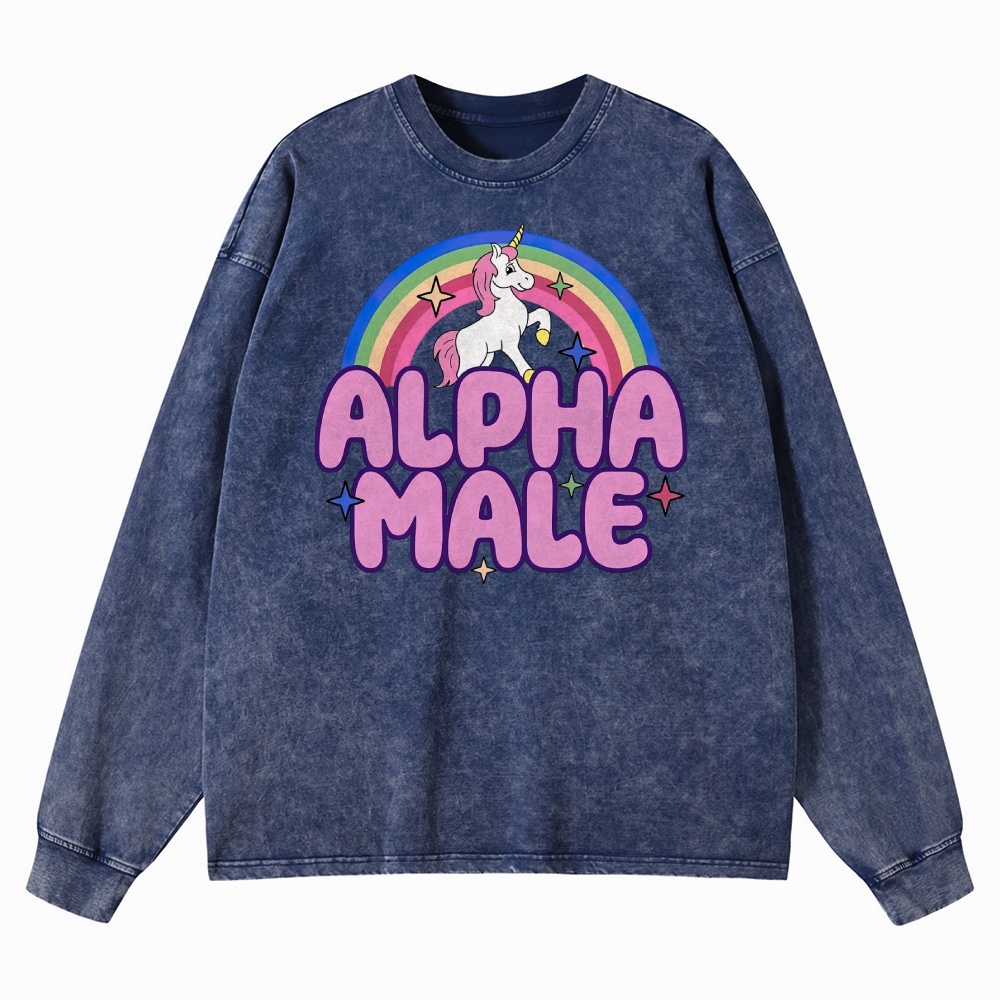 Alpha Male Unicorn & Rainbow Graphic Washed Long-Sleeved T-Shirt
