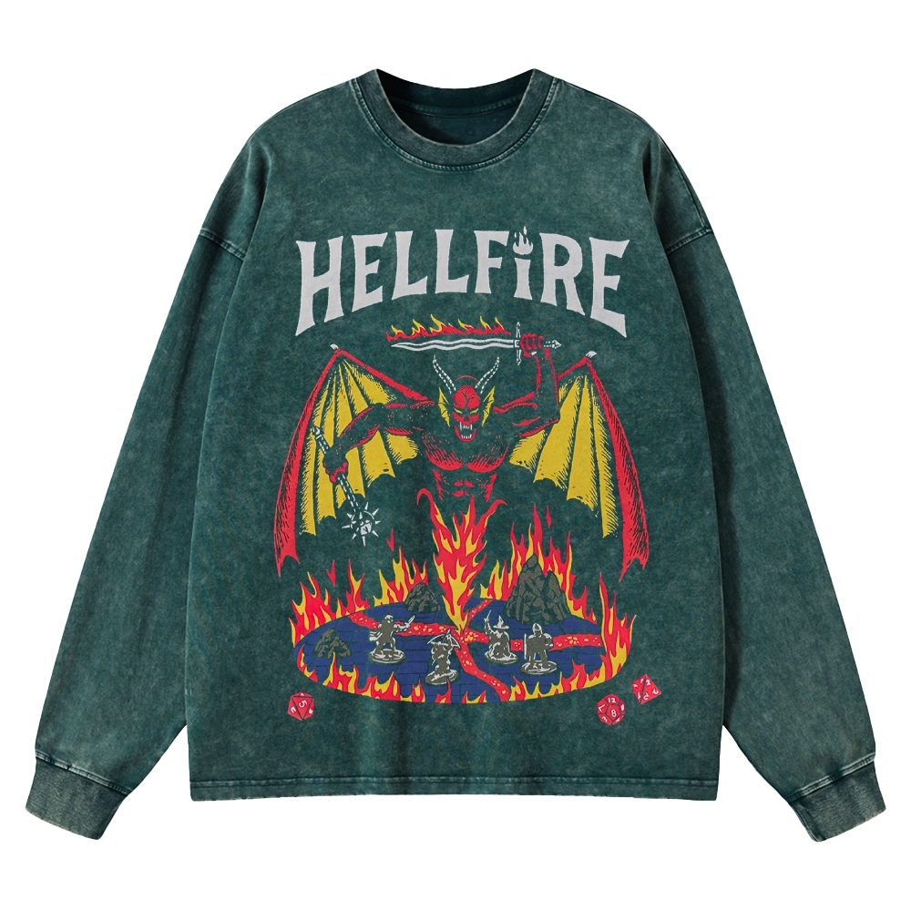 Hellfire Demon & Tabletop Game Graphic Washed Long-Sleeved T-Shirt