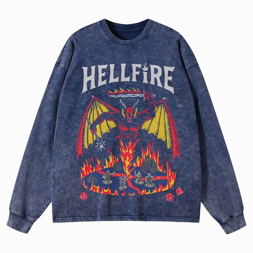 Hellfire Demon & Tabletop Game Graphic Washed Long-Sleeved T-Shirt