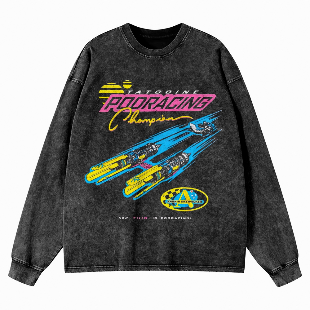 Retro "Tatooine Podracing Champion" Sci-Fi Racing Graphic Washed Long-Sleeved T-Shirt