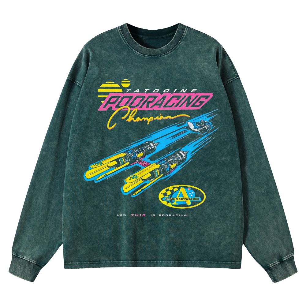 Retro "Tatooine Podracing Champion" Sci-Fi Racing Graphic Washed Long-Sleeved T-Shirt
