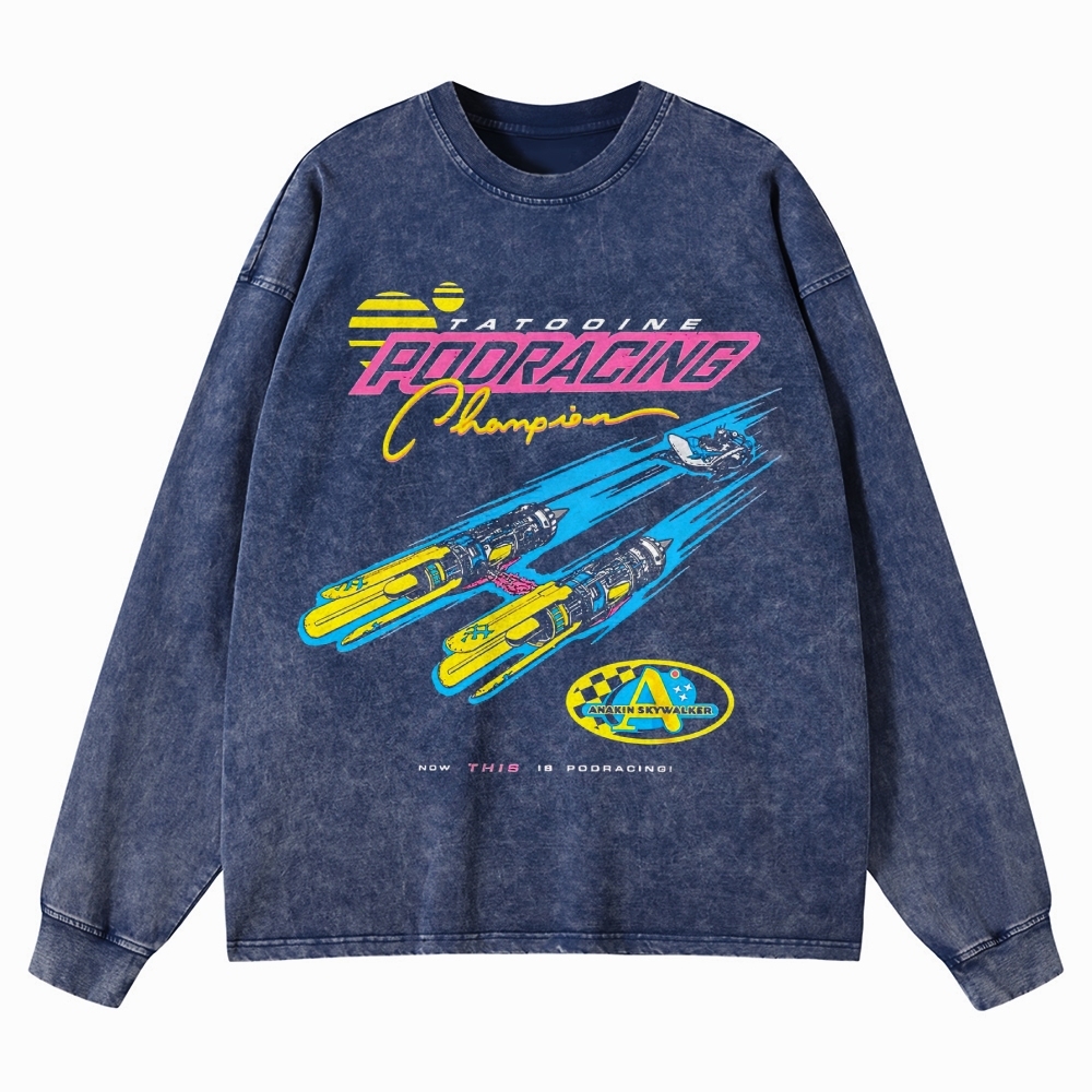 Retro "Tatooine Podracing Champion" Sci-Fi Racing Graphic Washed Long-Sleeved T-Shirt