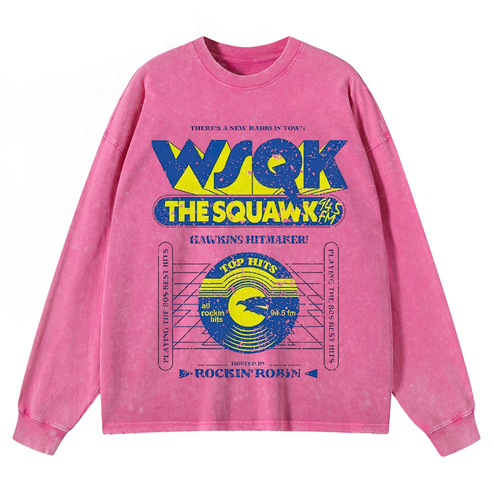 Retro "WSQK The Squawk" Vintage Radio Station Graphic Washed Long-Sleeved T-Shirt