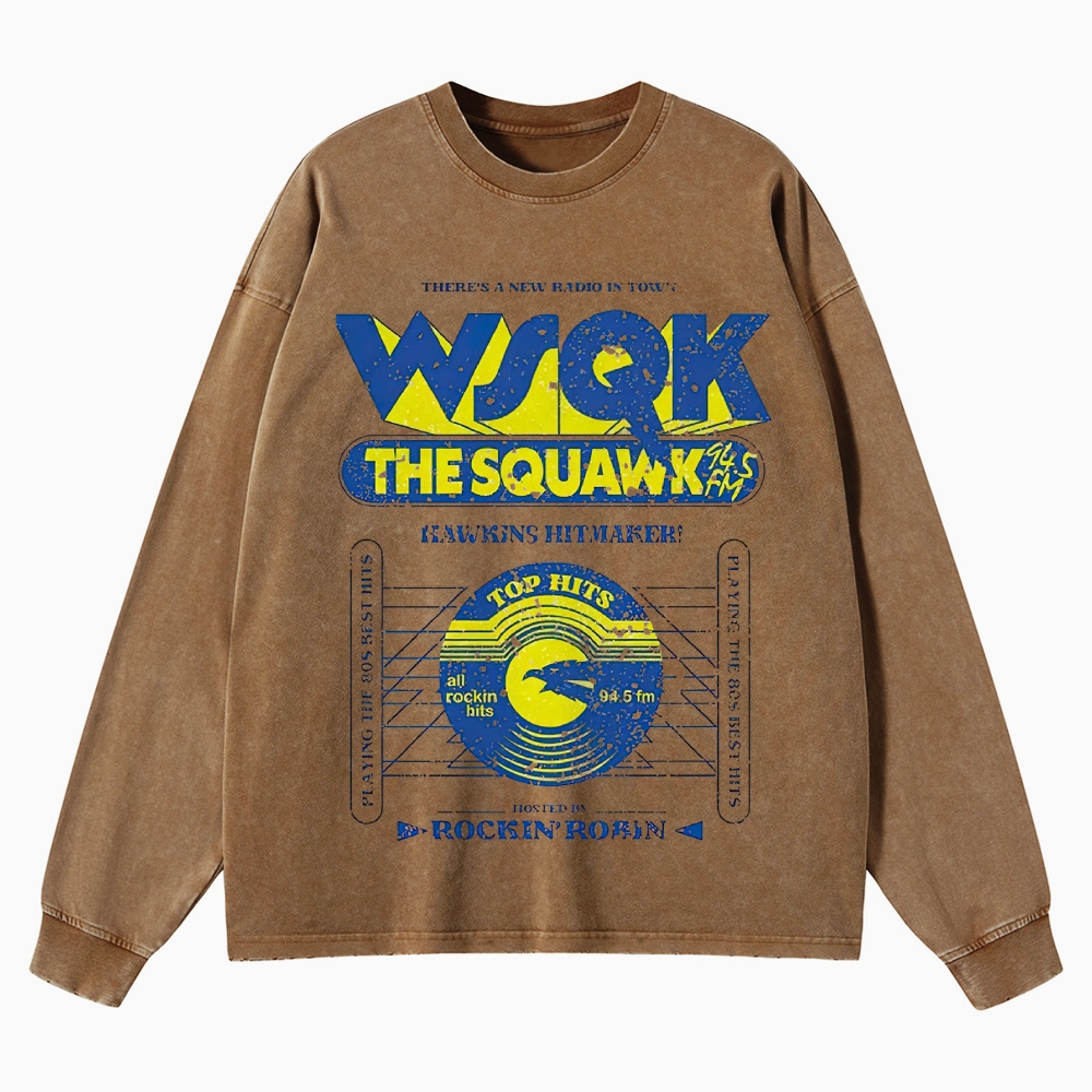 Retro "WSQK The Squawk" Vintage Radio Station Graphic Washed Long-Sleeved T-Shirt
