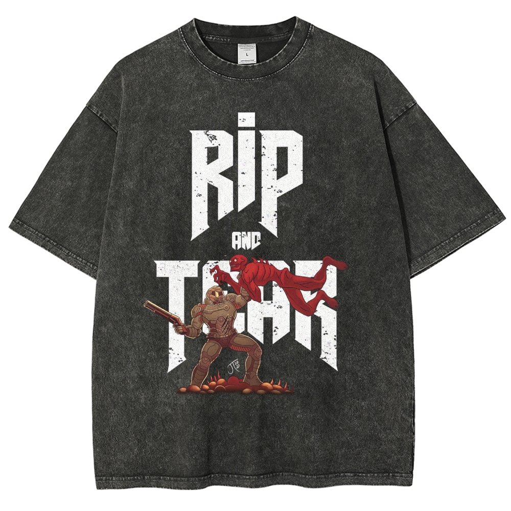 Rip and Tear Sci-Fi Action Graphic Washed T-Shirt
