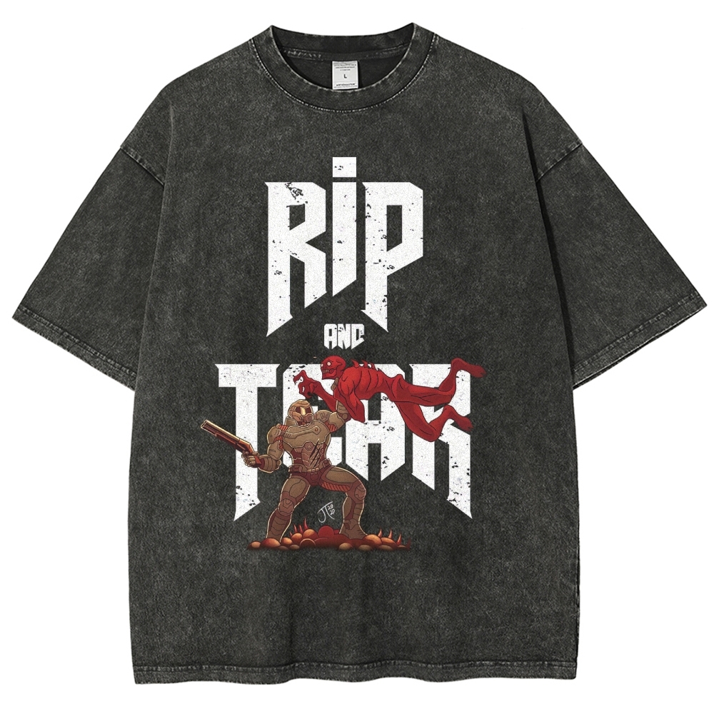 Rip and Tear Sci-Fi Action Graphic Washed T-Shirt