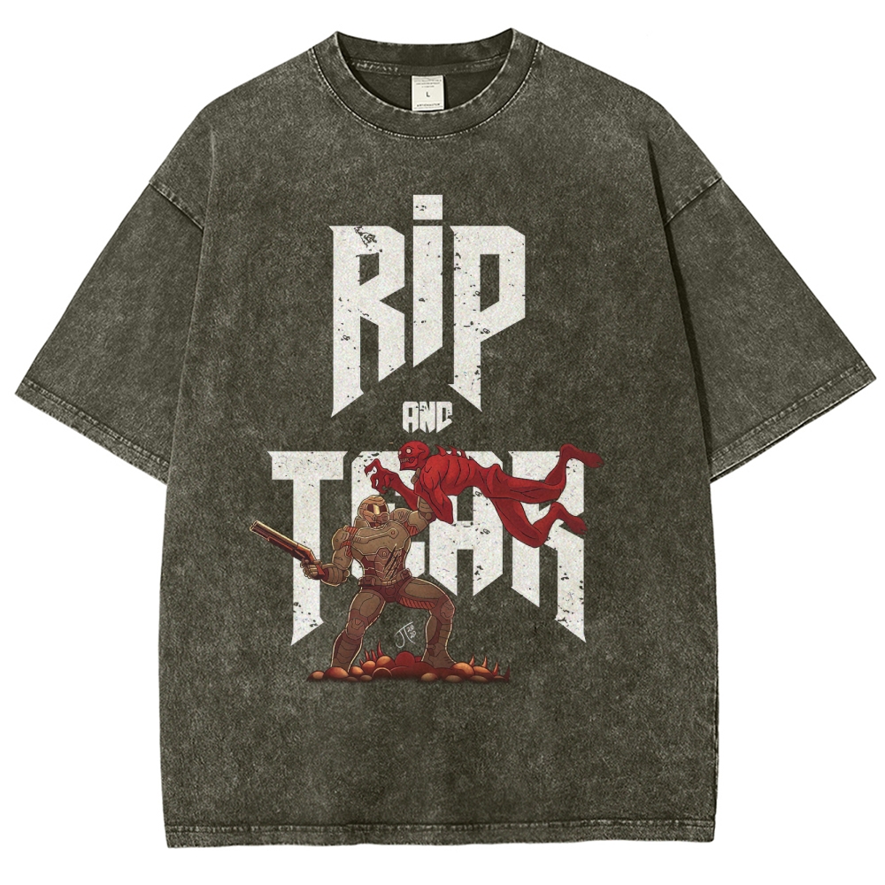 Rip and Tear Sci-Fi Action Graphic Washed T-Shirt
