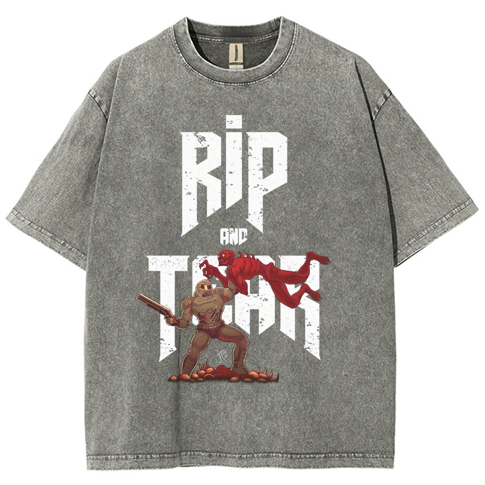 Rip and Tear Sci-Fi Action Graphic Washed T-Shirt