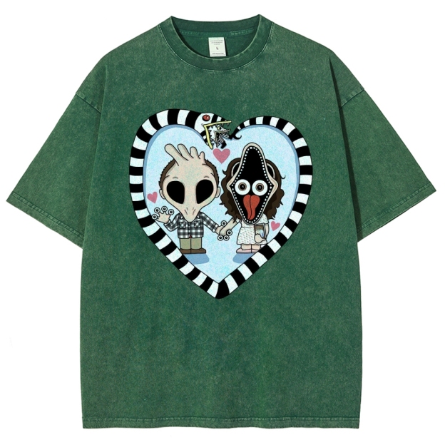 Zany Couple Heart Graphic Washed T-Shirt