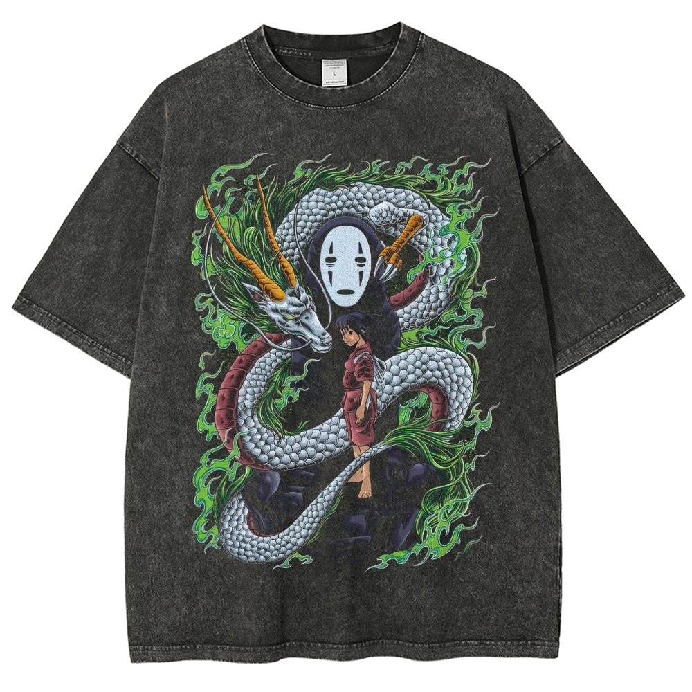 Spirited Dragon & Girl Graphic Washed T-Shirt
