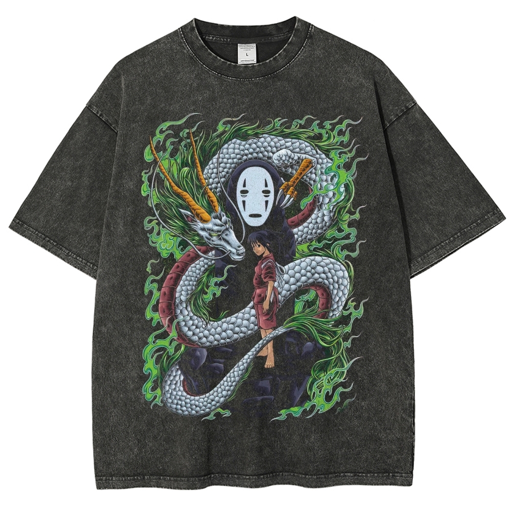 Spirited Dragon & Girl Graphic Washed T-Shirt