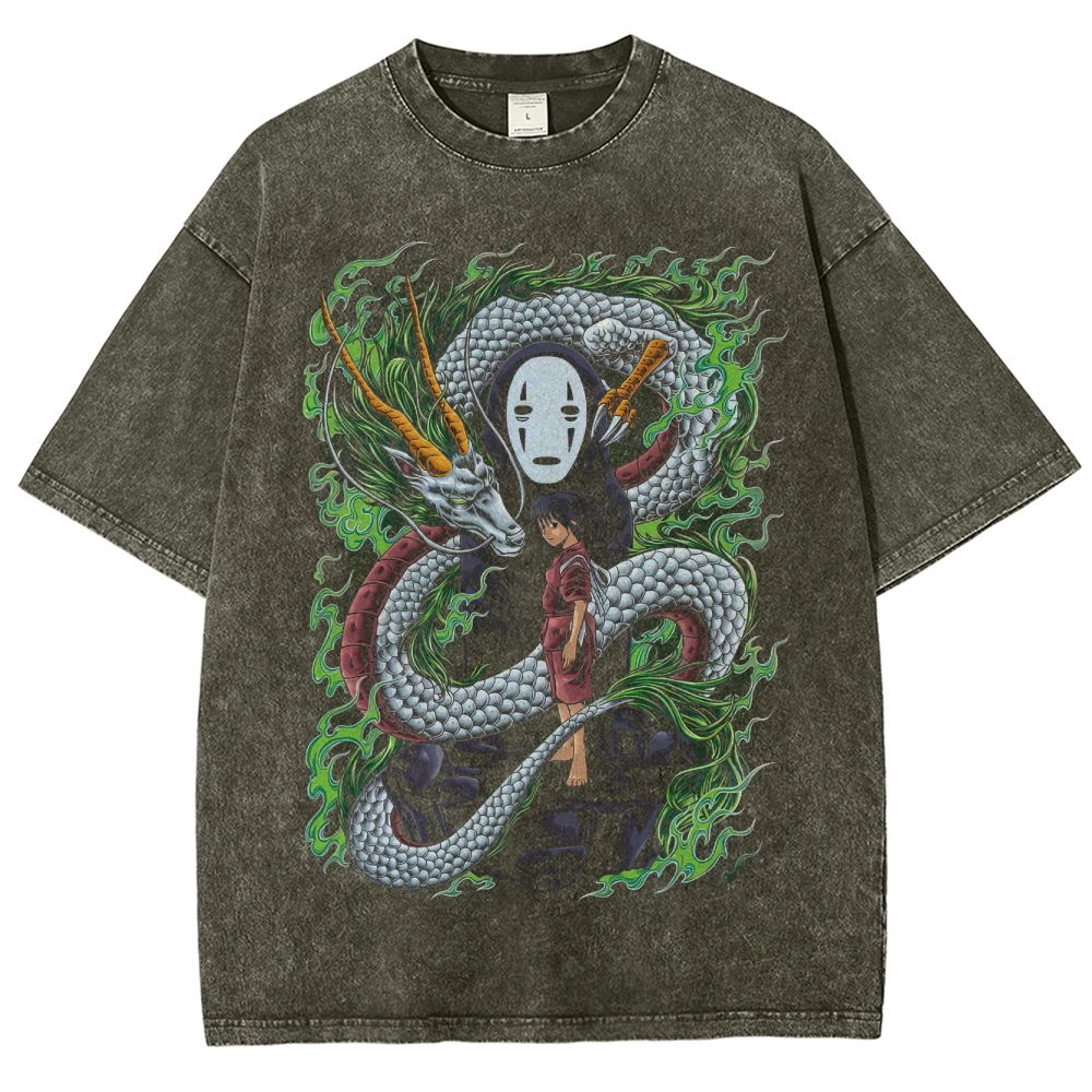 Spirited Dragon & Girl Graphic Washed T-Shirt