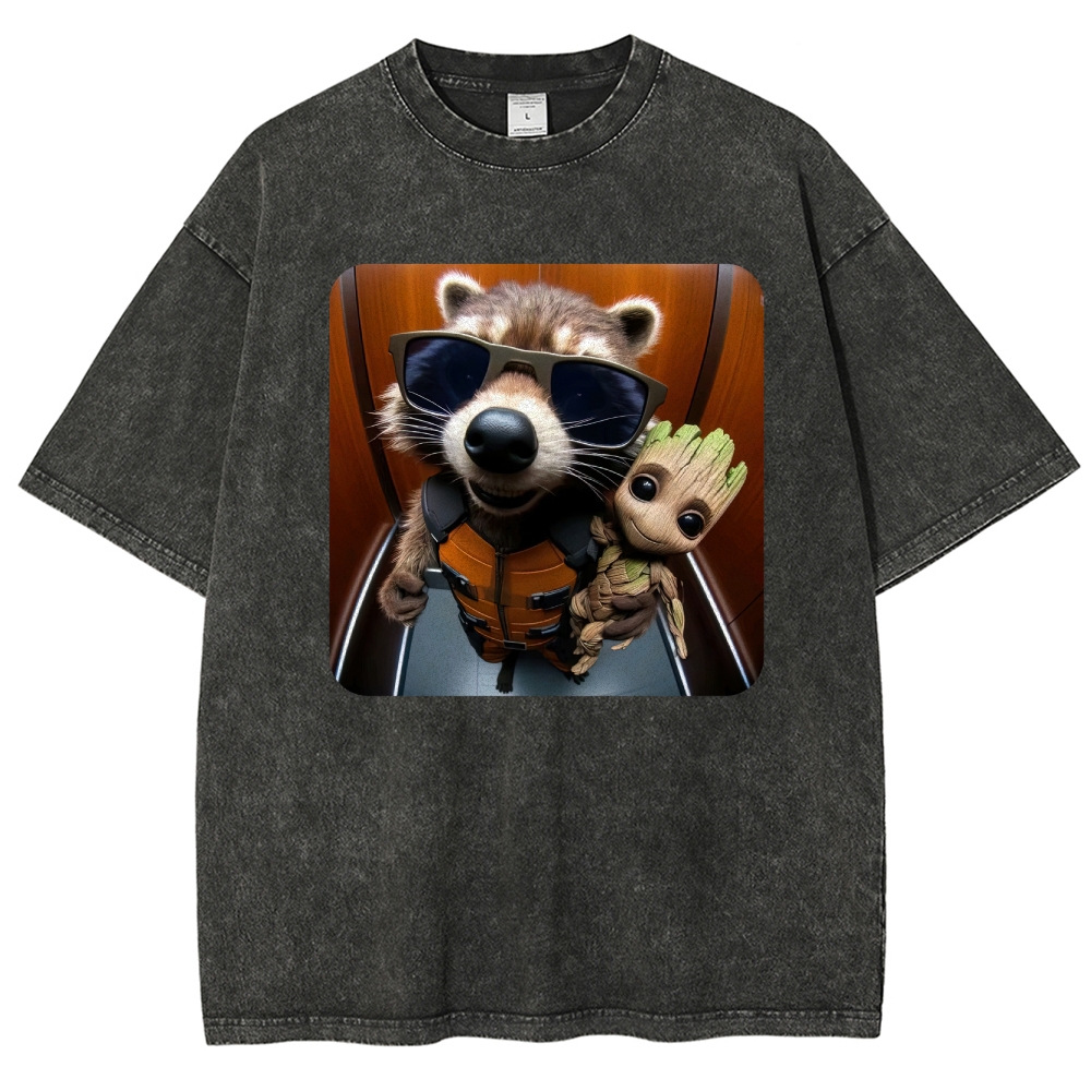 Raccoon & Groot Elevator Graphic Washed T-Shirt