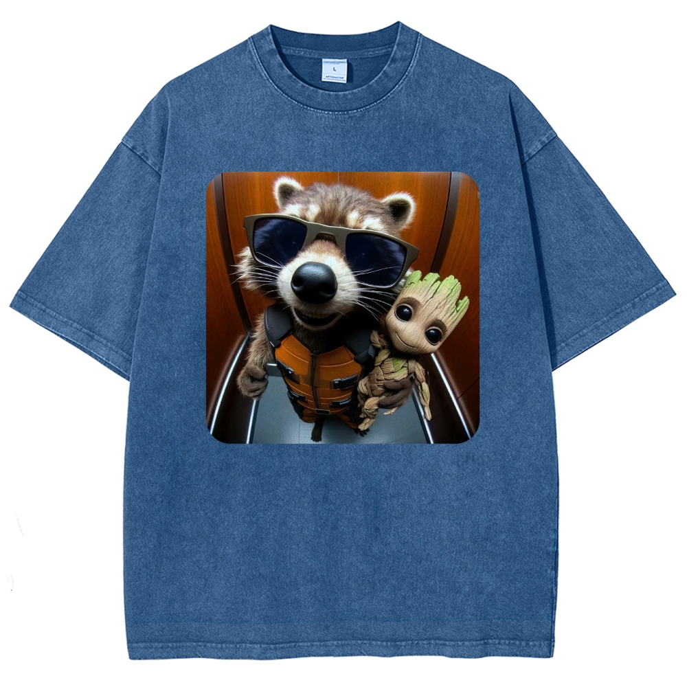 Raccoon & Groot Elevator Graphic Washed T-Shirt