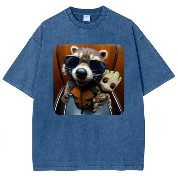 Raccoon & Groot Elevator Graphic Washed T-Shirt