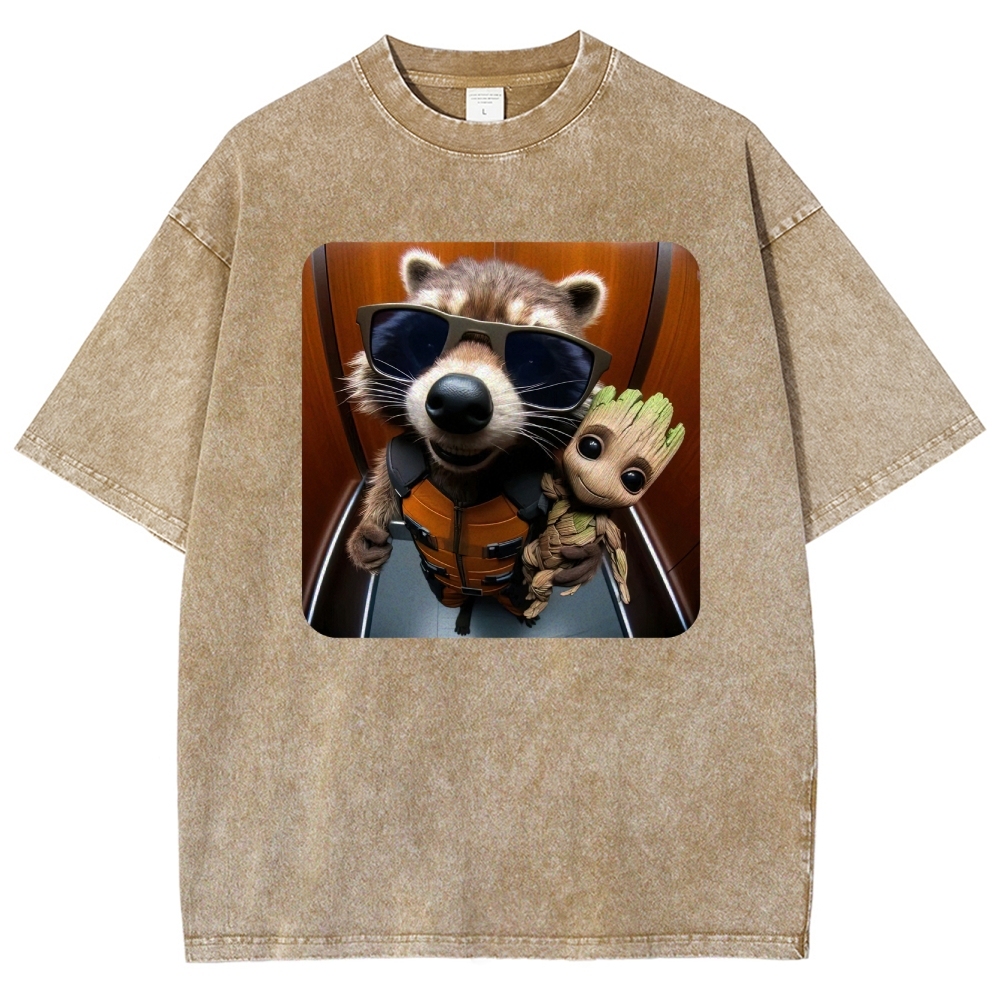 Raccoon & Groot Elevator Graphic Washed T-Shirt