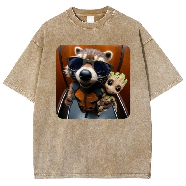 Raccoon & Groot Elevator Graphic Washed T-Shirt