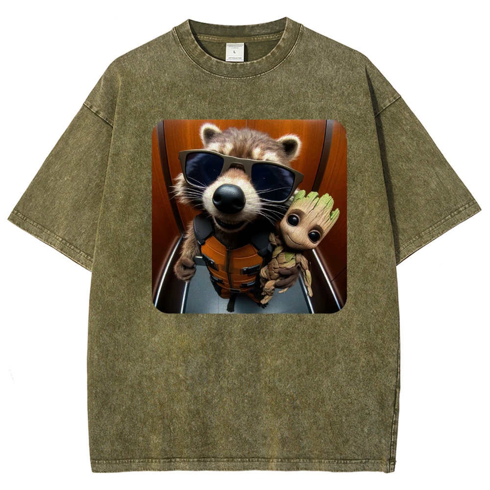Raccoon & Groot Elevator Graphic Washed T-Shirt