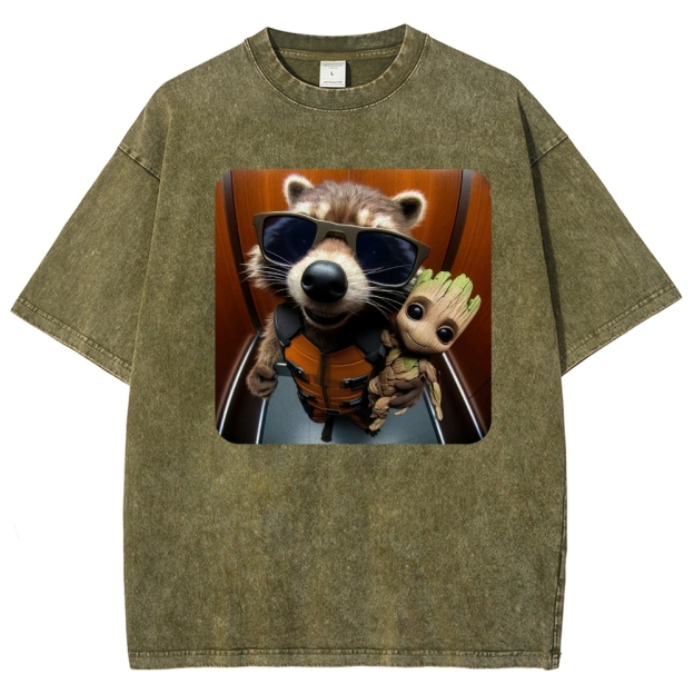Raccoon & Groot Elevator Graphic Washed T-Shirt