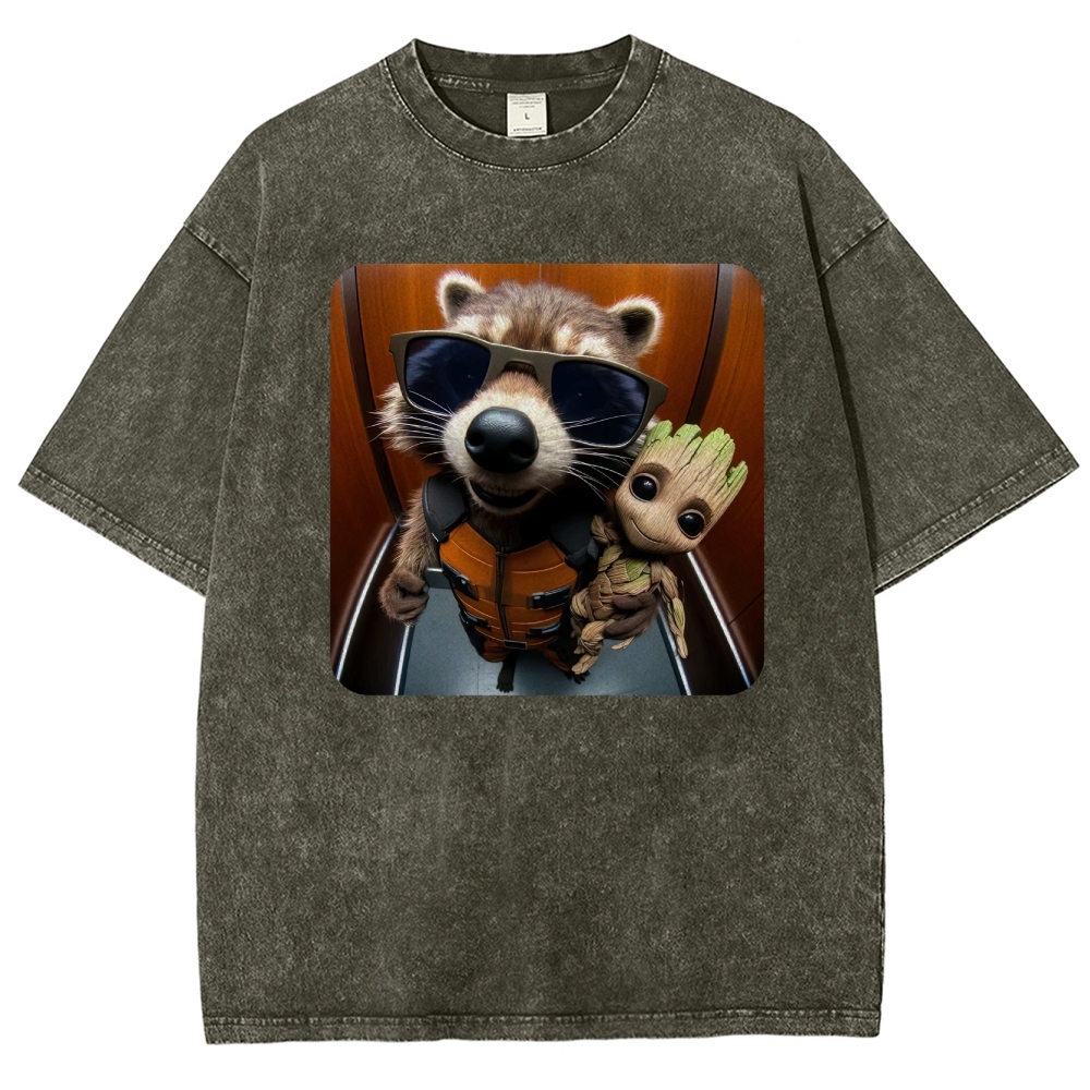Raccoon & Groot Elevator Graphic Washed T-Shirt