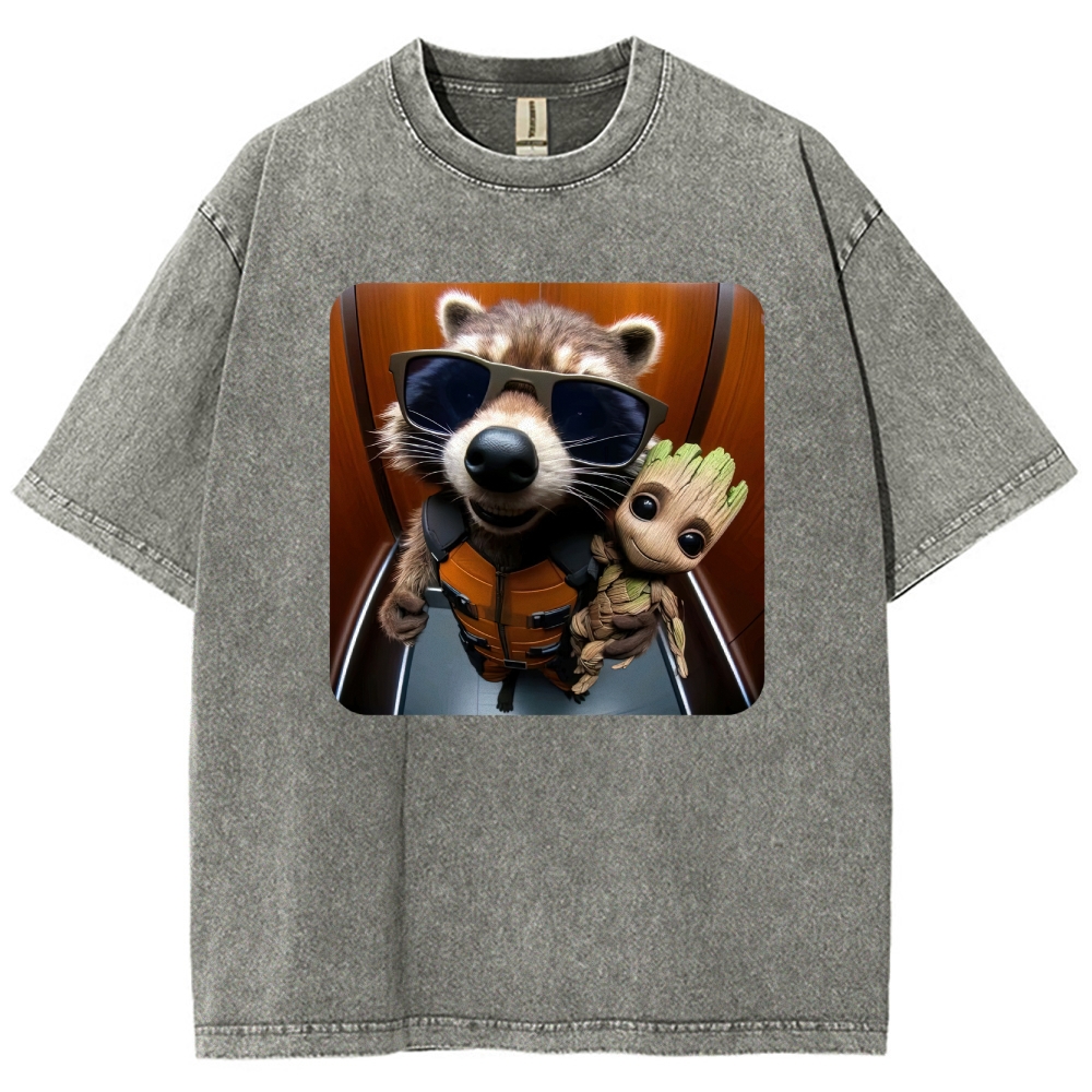 Raccoon & Groot Elevator Graphic Washed T-Shirt