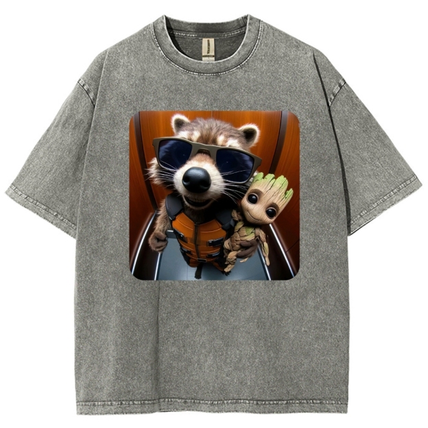 Raccoon & Groot Elevator Graphic Washed T-Shirt