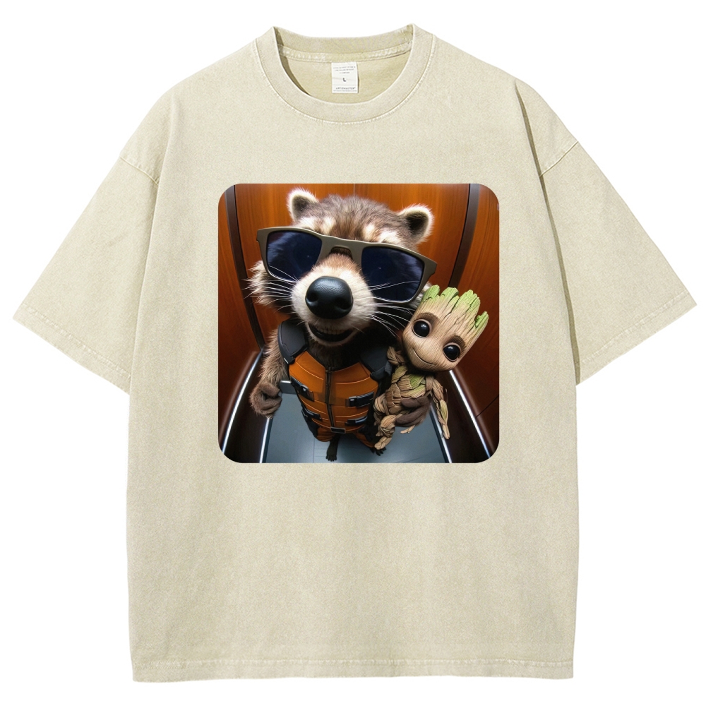 Raccoon & Groot Elevator Graphic Washed T-Shirt