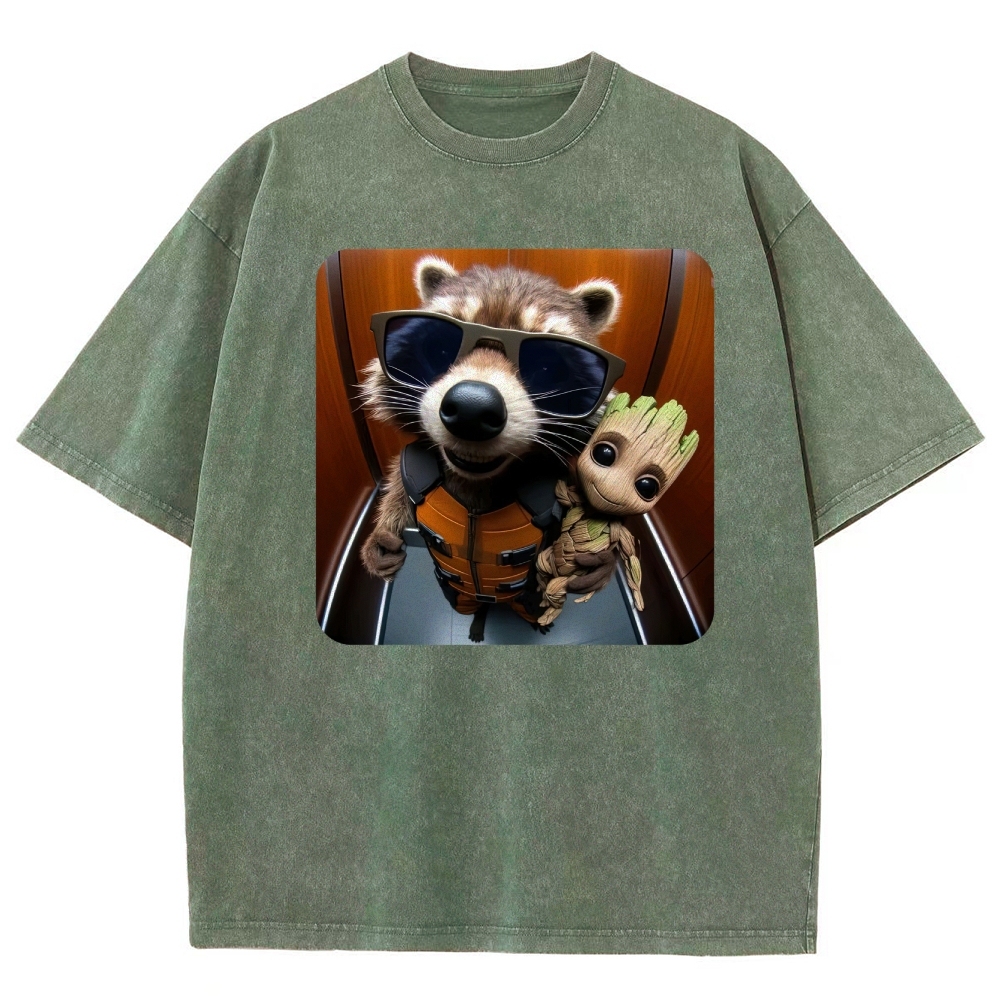 Raccoon & Groot Elevator Graphic Washed T-Shirt