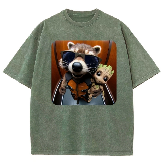 Raccoon & Groot Elevator Graphic Washed T-Shirt