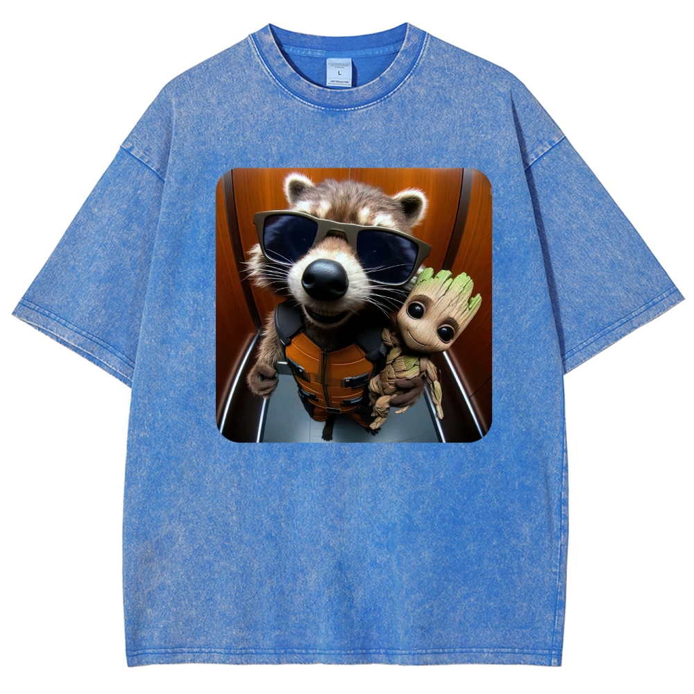Raccoon & Groot Elevator Graphic Washed T-Shirt