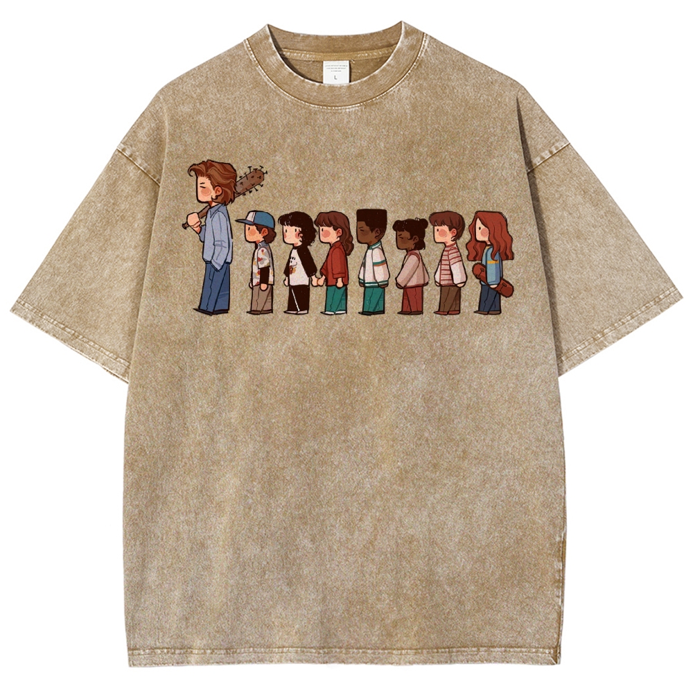 Retro Group & Guitar-Wielding Figure Graphic Washed T-Shirt