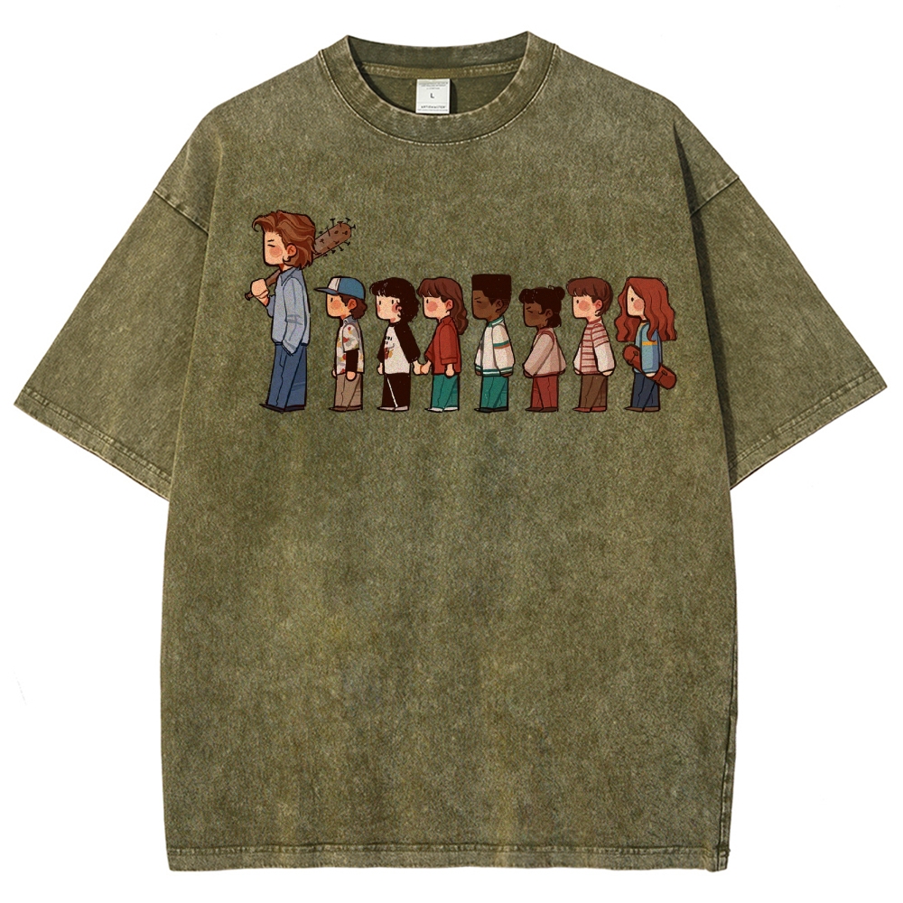 Retro Group & Guitar-Wielding Figure Graphic Washed T-Shirt