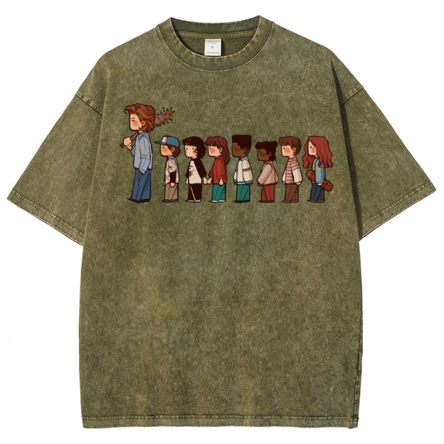 Retro Group & Guitar-Wielding Figure Graphic Washed T-Shirt