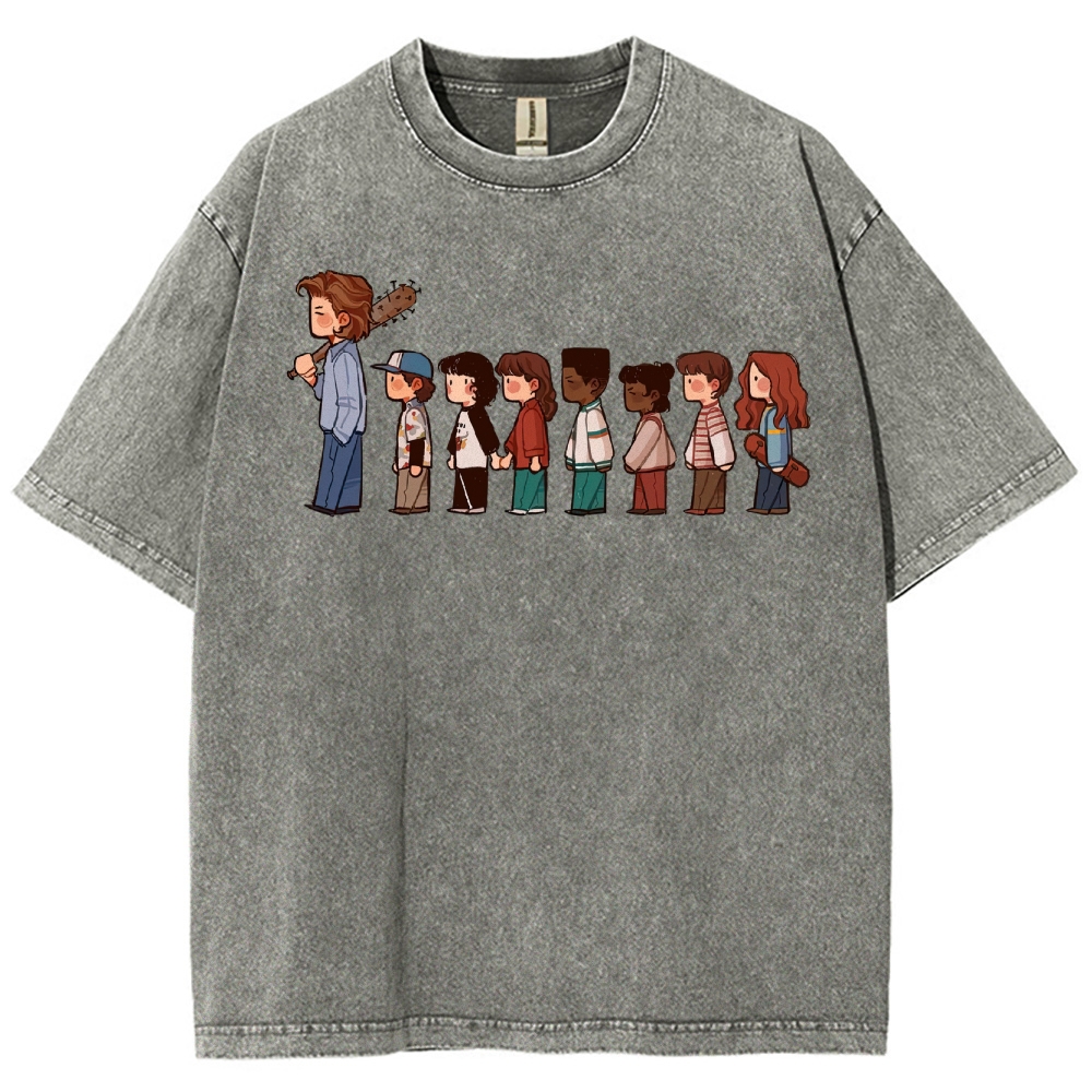 Retro Group & Guitar-Wielding Figure Graphic Washed T-Shirt