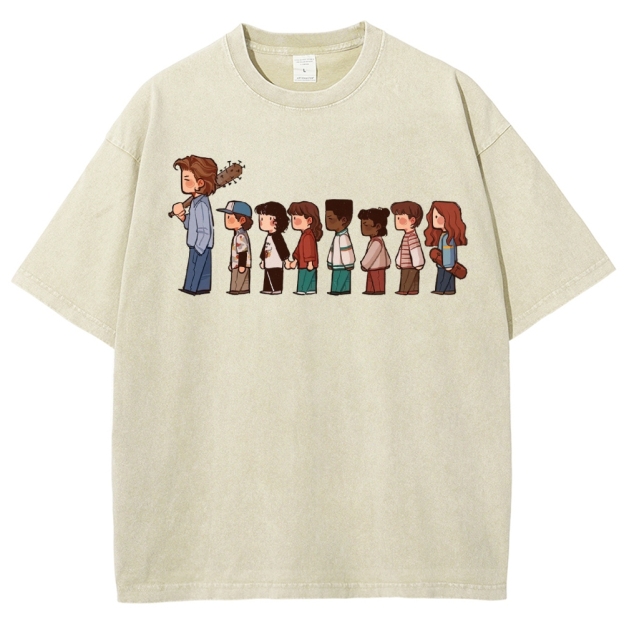 Retro Group & Guitar-Wielding Figure Graphic Washed T-Shirt