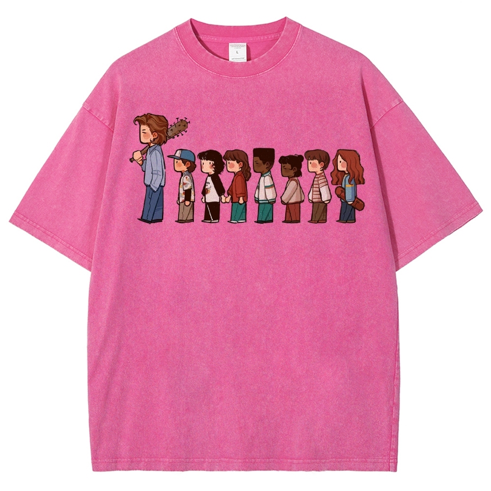 Retro Group & Guitar-Wielding Figure Graphic Washed T-Shirt