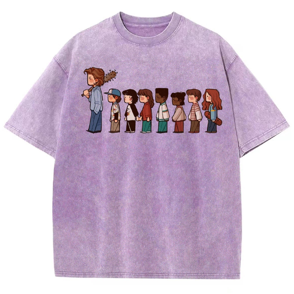 Retro Group & Guitar-Wielding Figure Graphic Washed T-Shirt