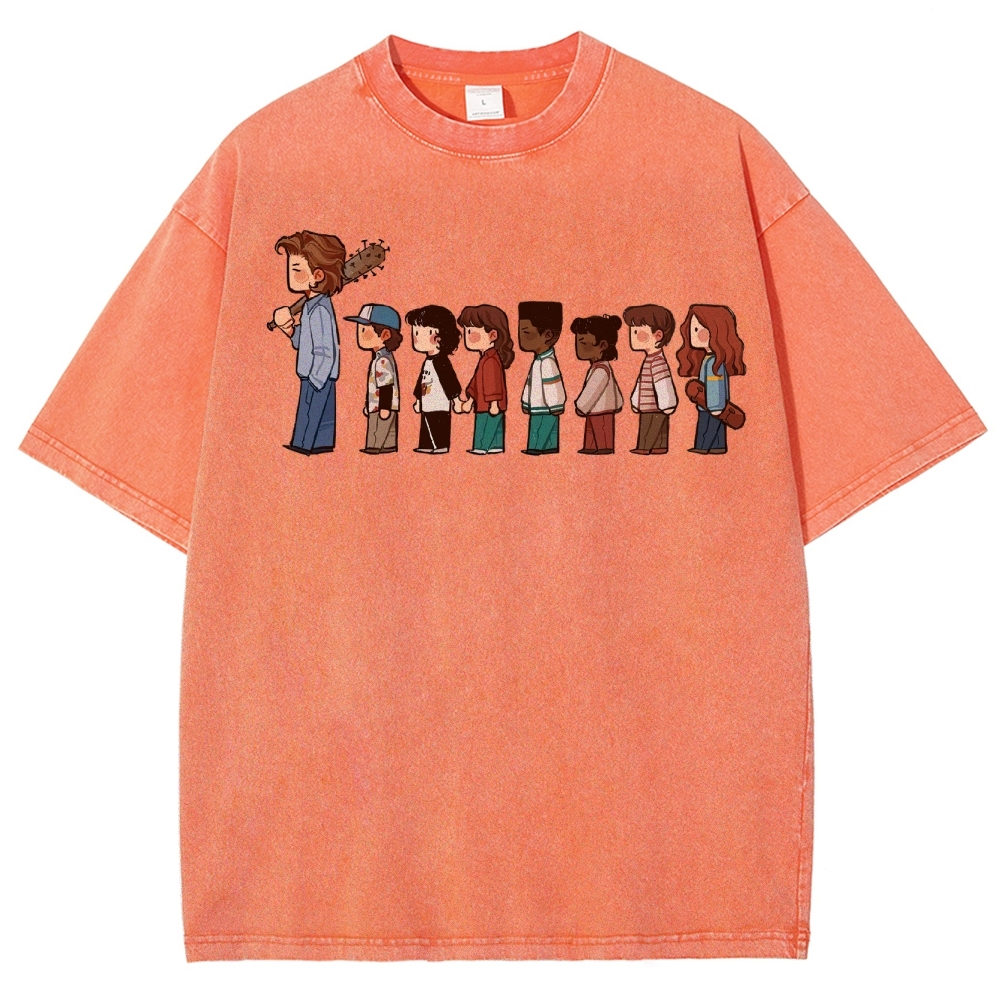 Retro Group & Guitar-Wielding Figure Graphic Washed T-Shirt