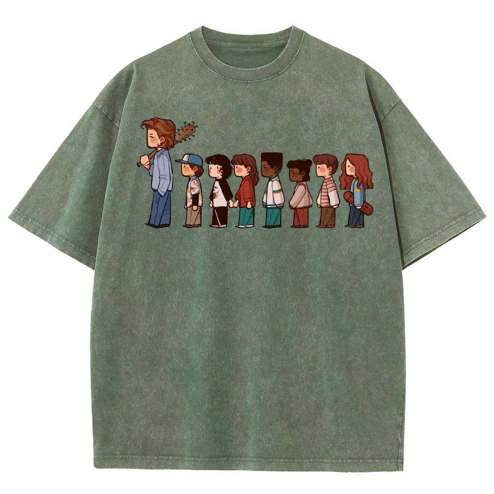 Retro Group & Guitar-Wielding Figure Graphic Washed T-Shirt