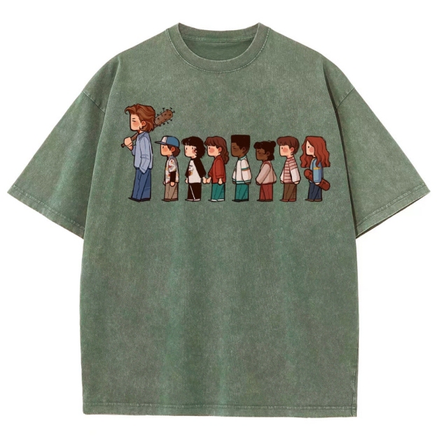 Retro Group & Guitar-Wielding Figure Graphic Washed T-Shirt