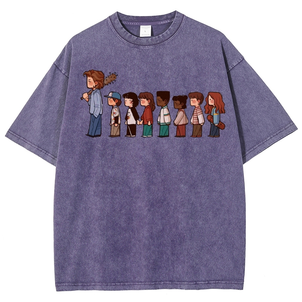 Retro Group & Guitar-Wielding Figure Graphic Washed T-Shirt